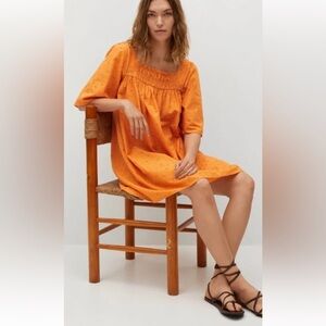 Mango MNG eyelet Orange Short-Sleeve Mini Smock Dress